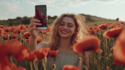 Young woman with curly hair is taking a selfie in a vibrant poppy field, surrounded by blooming flowers under a bright sky, capturing a joyful moment in nature
