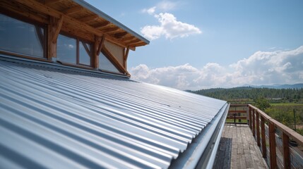 Beautiful photo of corrugated metal roof installed in a modern house. Metal sheet roof.