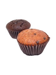 Two muffins sit side by side: one deep chocolate, one banana, both dotted with chips and wrapped in rich brown liners.