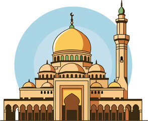 Grand Gold Dome Mosque Vector with Minaret and Ornate Arches, Islamic Architecture Clipart on Blue Background