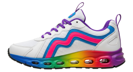 Isolated running shoe with rainbow colored soles for gym exercise and outdoor activities