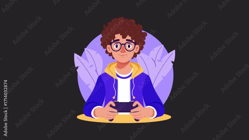 Poster man playing games on mobile animation alpha channel