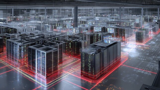 Beautiful photo of complex warehouse filled with modern server equipment, bright fiber optic lines and virtual data maps projected in air, immersive IoT visualization concept.