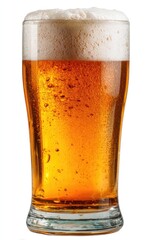 A tall, slender glass filled with light amber beer, topped with a thick layer of white foam