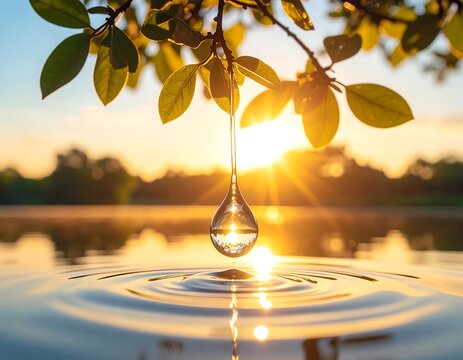 Water droplet hanging from branch over a lake at sunset - Powered by Adobe
