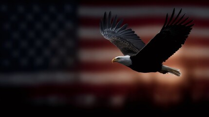 Naklejka premium Bald eagle flying with american flag background