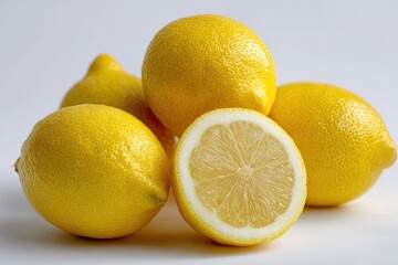 Fresh, bright yellow lemons, some whole, one halved, displayed on a plain background