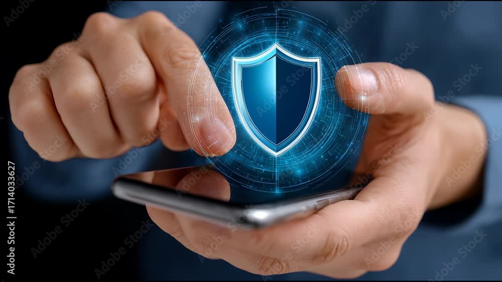 Aufkleber Advanced cybersecurity technology visualized by hand holding smartphone with glowing shield for data protection, ensuring complete network security and personal privacy