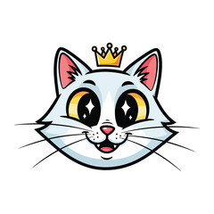 Regal Feline: A charming cartoon illustration of a radiant cat adorned with a crown, exuding an aura of royalty.