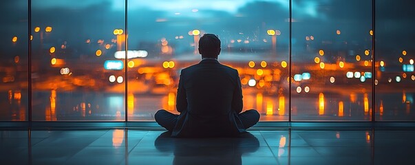 Businessman in a suit meditates in lotus pose by a large window overlooking blurred city lights at night