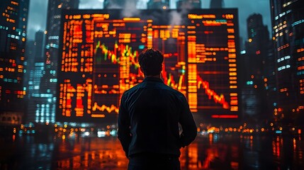 Man observing glowing financial data on a large screen in a futuristic cityscape at night