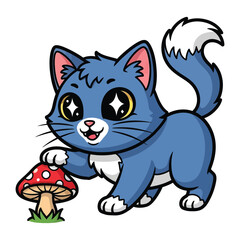 Playful Kitten and Mushroom: A cute cartoon kitten with sparkling eyes explores a vibrant red-and-white mushroom, in a whimsical, enchanting illustration for children.