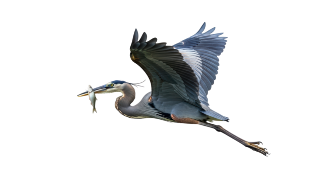 Isolated Great Blue Heron carries fish in beak as it flies through sky gracefully. A scene of bird catching food