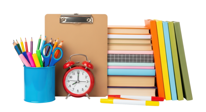Isolated education learning objects, books, stationery, back to school equipment still life