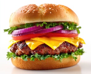 Close-up of a classic cheeseburger.  Fresh, juicy patty, layered with melted cheese, sliced red onion, tomato, and lettuce.  Sesame seed bun