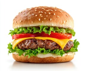 Close-up of a classic cheeseburger.  Freshly-made, juicy burger, topped with cheese, lettuce, tomato, and a creamy sauce, on a sesame seed bun.  Perfect lighting highlights the ingredients