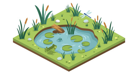 Isometric pond scene with frog, dragonfly, and lilypads in lush wetland environment