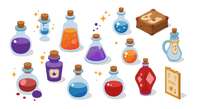 Isometric magic potion collection with corked bottles and wooden crate