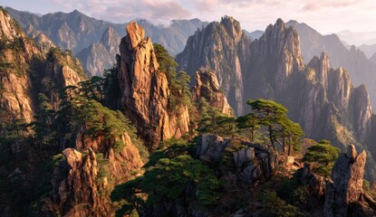 Sunrise over jagged mountain peaks, pine forests, and rugged rock formations