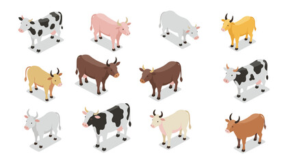 Isometric cartoon cows: diverse breeds in playful 3d style