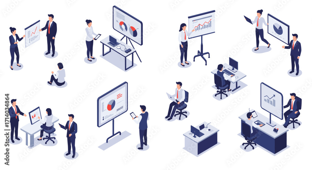 Poster isometric business meeting and presentation concepts for office teams and data analysis