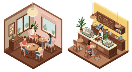 Cozy isometric coffee shop scene with customers and barista in warm tones