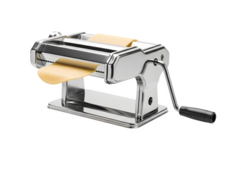 Pasta machine isolated on transparent background, a manual kitchen appliance for making fresh pasta, showcasing its rollers, crank, and stainless steel construction