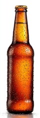 A brown glass beer bottle, chilled and glistening with water droplets
