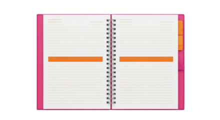 Isolated open spiral bound pink journal on desk for writing notes in office or at school