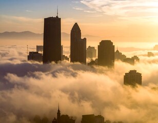 City rising above a sea of golden clouds at dawn