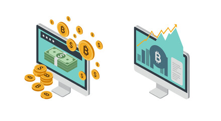 Isometric bitcoin and financial growth concept with screens and currency symbols