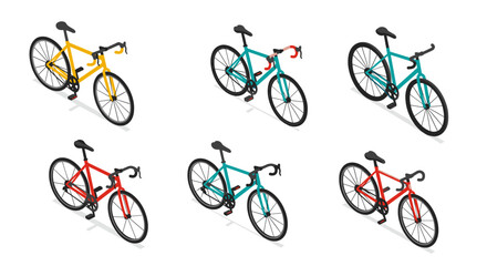 Set of colorful isometric road bicycles on white background for eco transportation design