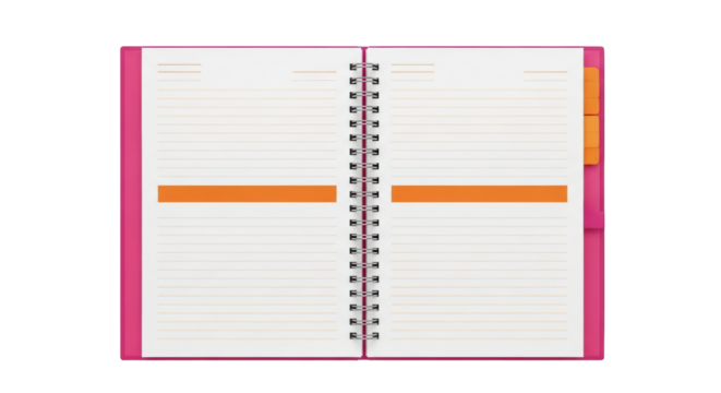 Isolated open spiral bound pink journal on desk for writing notes in office or at school