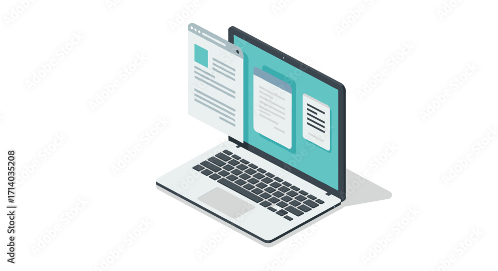 Poster isometric laptop with digital document and browser interface displayed