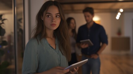 Young woman holding tablet stands in modern office space, with colleagues blurred in background, showcasing a collaborative work environment and focus on technology