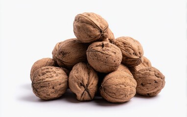 A pile of walnuts.  Stacked nuts, light brown, textured shells