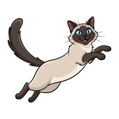 Joyful Siamese Cat in Mid-Air: A playful Siamese cat leaps through the air, its captivating blue eyes alight with joy, while the tail forms a graceful curve