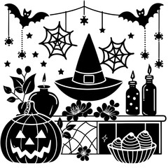 "Halloween Kitchen with Pumpkins and Floral Decorations | Spooky Festive Vector Illustration"