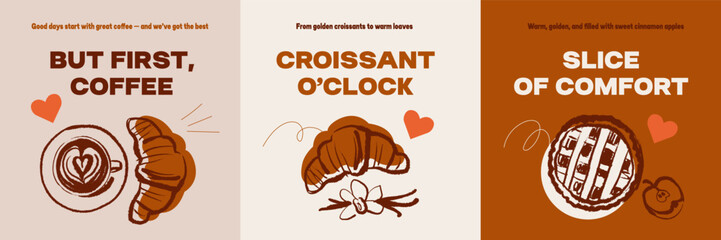 Hand drawn vintage coffee shop and bakery poster set. Cafe menu, packaging design. Whimsical sketch vector illustration.