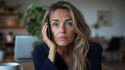 Fototapeta premium Woman with long hair is holding a smartphone to her ear, displaying a concerned expression in a cozy indoor setting with soft lighting and natural decor