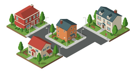 Charming neighborhood scene in isometric style featuring cozy homes