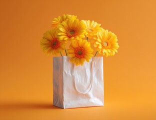 A white paper shopping bag filled with bright yellow flowers