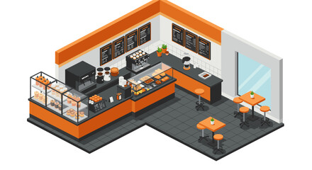 Cozy isometric coffee shop interior with modern design and pastry display