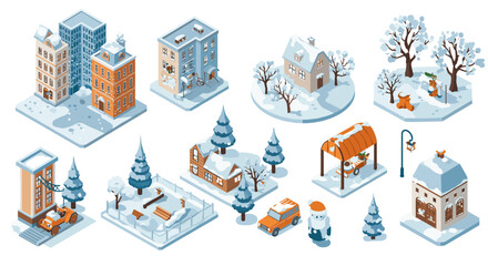 Winter cityscape in isometric style featuring snowy buildings and trees