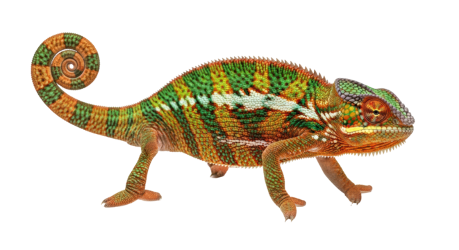 Isolated panther chameleon perching, facing right, showing skin color patterns, textures