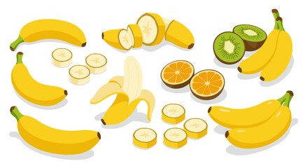 Fresh fruits collection: bananas, orange slices, kiwi in isometric style