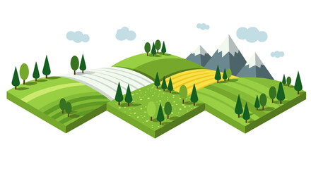 Naklejka premium Isometric landscape with rolling hills, trees, and mountains under a clear sky