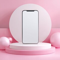 Smartphone mockup on a pink and white podium