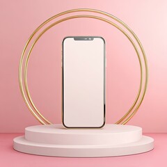Smartphone on a pink pedestal with gold rings