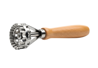 Closeup of a ravioli cutter with a wooden handle isolated on transparent background, a kitchen tool used for making homemade pasta and italian cuisine